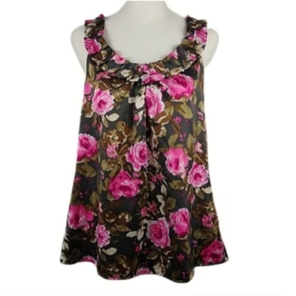 LOFT Green and Pink Ruffled Sleeveless Tank Top
